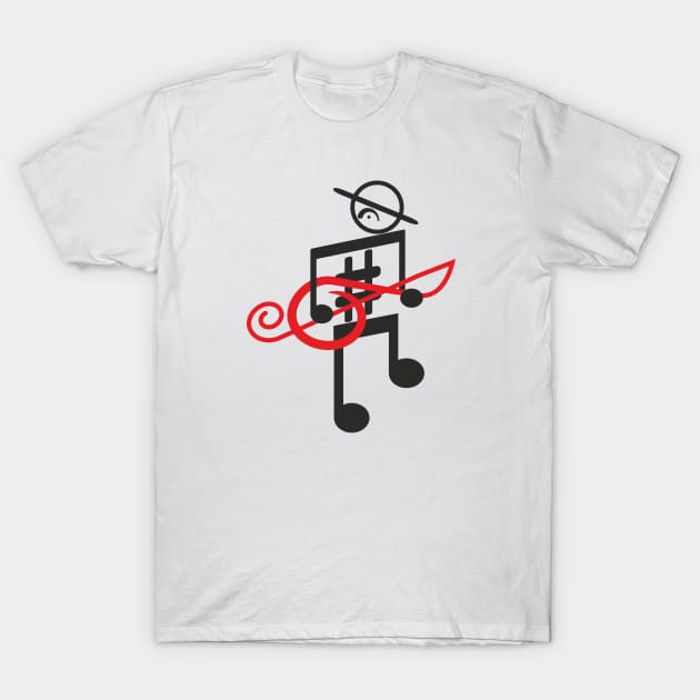 Noteman sheet music man (red treble key) T-Shirt by aceofspace